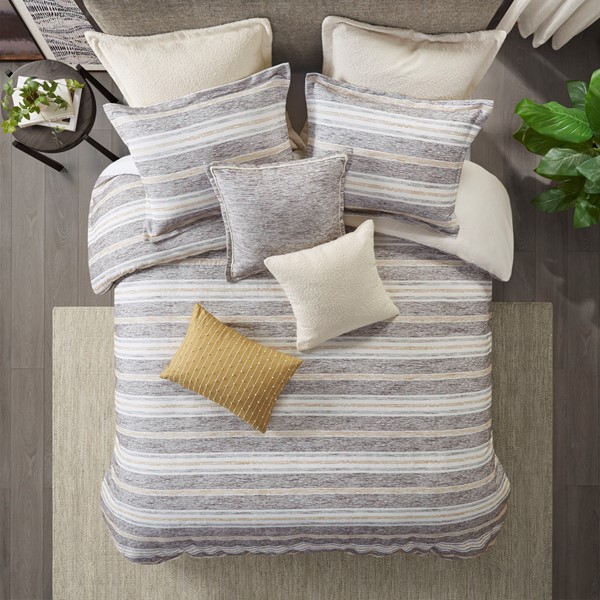 Madison Park Signature Oasis Oversized Chenille Jacquard Striped Comforter Set with Euro Shams and Throw Pillows in Charcoal, Full/Queen MPS10-515 - Image 3