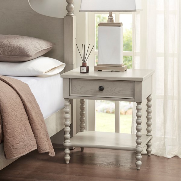 Madison Park Signature Beckett Turned Wood Spindle Nightstand with Drawer & Shelf in Antique Cream, One Size MPS136-0288 - Image 2