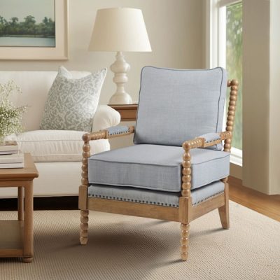 Madison Park Donohue Turned Wood Frame Armchair in Light Blue/Camel Oak, One Size MP100-1145
