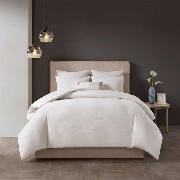 N Natori Hanae Cotton Blend Yarn Dyed 3 Piece Comforter Set in White, Full/Queen NS10-3243 - Image 2