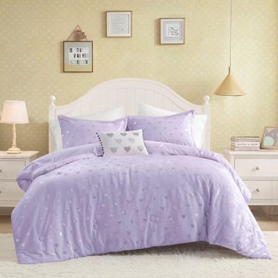 Mi Zone Rosalie Metallic Printed Plush Comforter Set with Throw Pillow in Purple/Silver, Full/Queen MZ10-0574