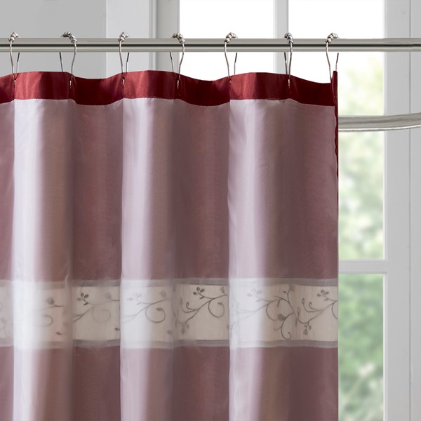 Madison Park Serene Faux Silk Embroidered Floral Shower Curtain in Red, 72x72" MP70-644 - Image 2