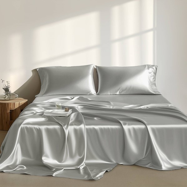 Madison Park Essentials Satin Luxury Sheet Set in Light Grey, Queen MPE20-908