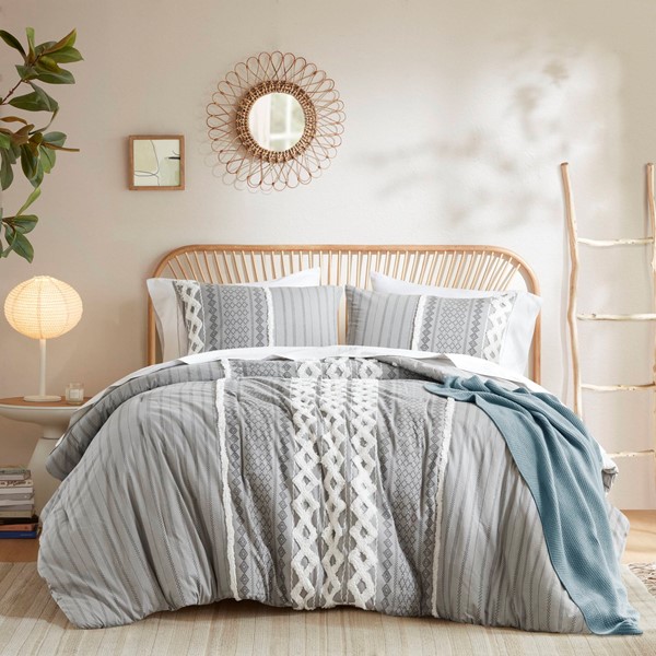 INK+IVY Imani Cotton Printed Comforter Set with Chenille in Gray, Full/Queen II10-1089 - Image 2