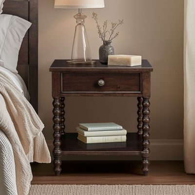 Madison Park Signature Beckett Turned Wood Spindle Nightstand with Drawer & Shelf in Morocco Brown, One Size MPS136-0060