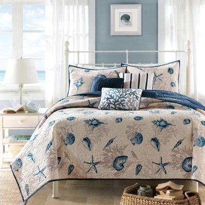 Madison Park Bayside Brushed Microfiber Quilt Set with Throw Pillows in Blue, King MP13-375