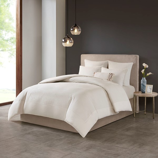 N Natori Hanae Cotton Blend Yarn Dyed 3 Piece Duvet Cover Set in White, Full/Queen NS12-3245 - Image 2