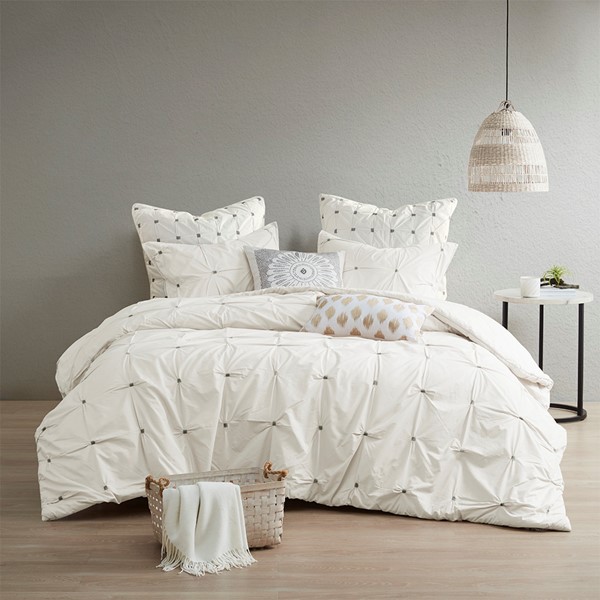 INK+IVY Masie 3 Piece Elastic Embroidered Cotton Duvet Cover Set in White, Full/Queen II12-598 - Image 3