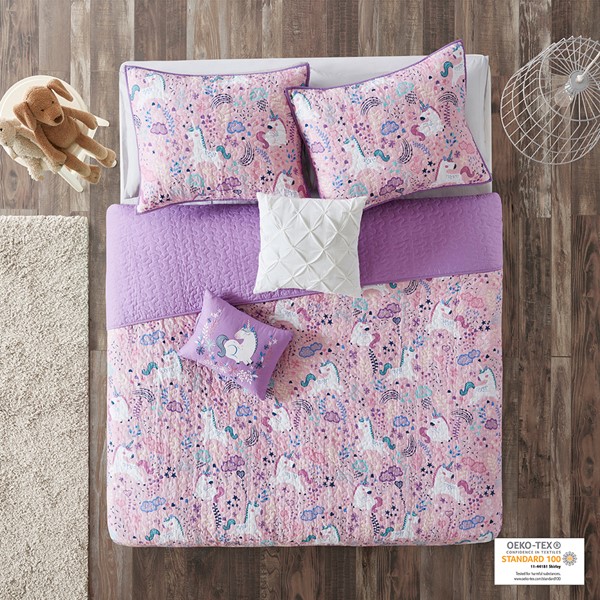 Urban Habitat Kids Lola Unicorn Reversible Cotton Quilt Set with Throw Pillows in Pink, Full/Queen UHK13-0103