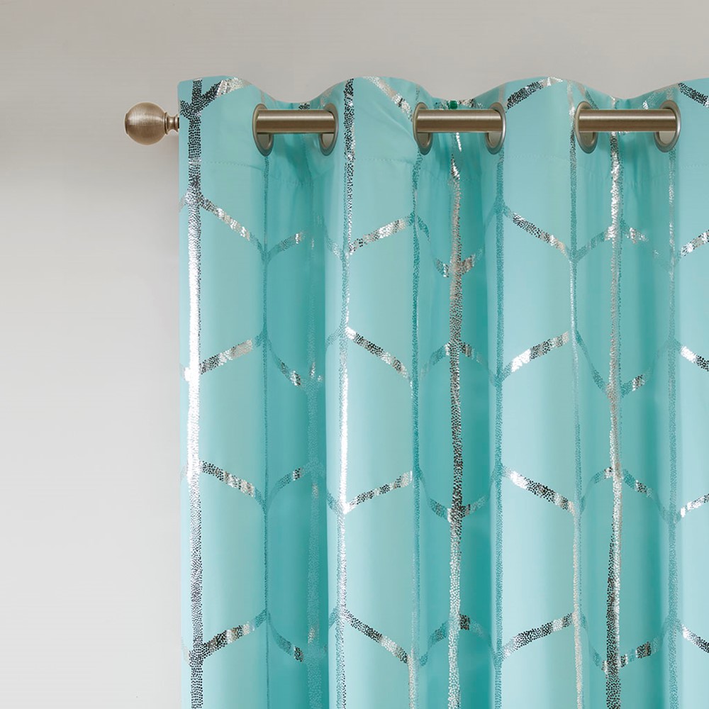 Intelligent Design Raina Total Blackout Metallic Print Grommet Top Curtain Panel in Aqua/Silver, 50x63" ID40-1617 - Image 3