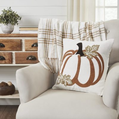 Fall Harvest Wheat Plaid Pumpkin Decorative Throw Pillow 18x18 Inch Autumn Farmhouse Seasonal Accent Pillow for Home Decor