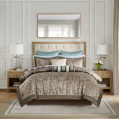Madison Park Aubrey 12 Piece Comforter Set with Cotton Bed Sheets in Blue/Brown, Cal King MP10-117