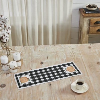 Annie Black Check Pumpkin Fall Harvest Farmhouse Table Runner 8x24 Inch Buffalo Plaid