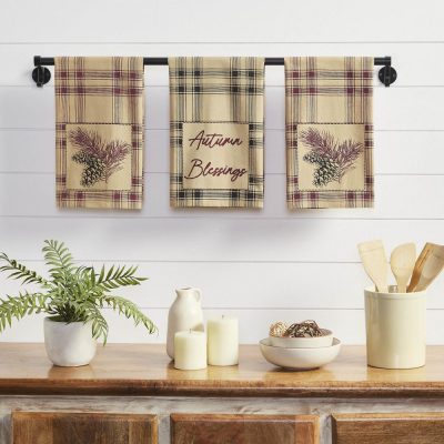 VHC Brands Connell Pinecone Plaid Cotton Kitchen & Dish Towel Set, 3 Absorbent Rustic Farmhouse Lodge Decor Tea Towels, 19x28 Inch