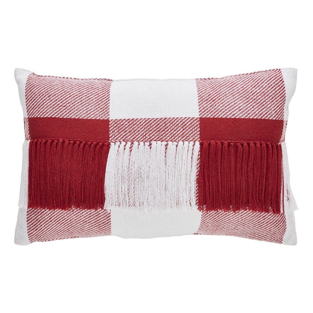 Annie Red Check Fringed Pillow 14x22 - Image 2