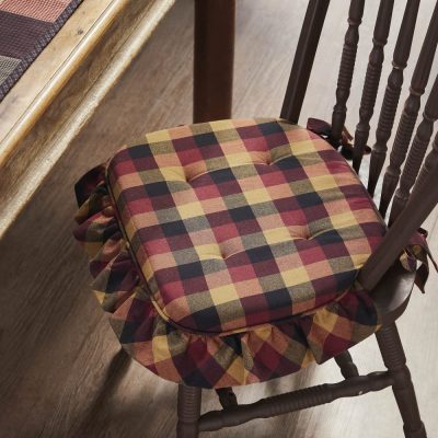 Heritage Farms Burgundy Black Tan Ruffled Country Chair Pad 15.5x17 - VHC Brands