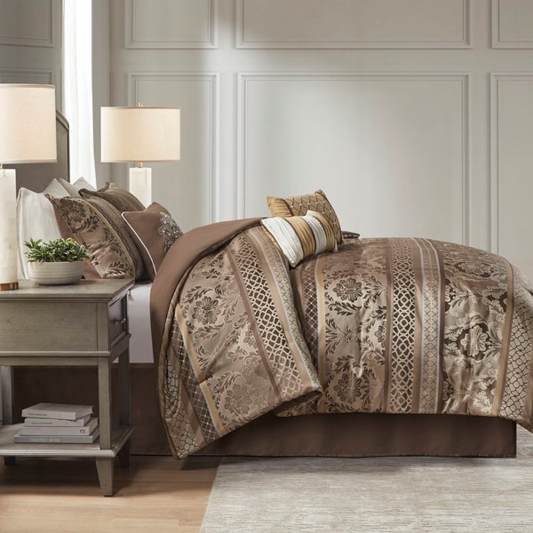 Madison Park Bellagio 7 Piece Jacquard Comforter Set in Brown/Gold, Queen MP10-4533 - Image 4