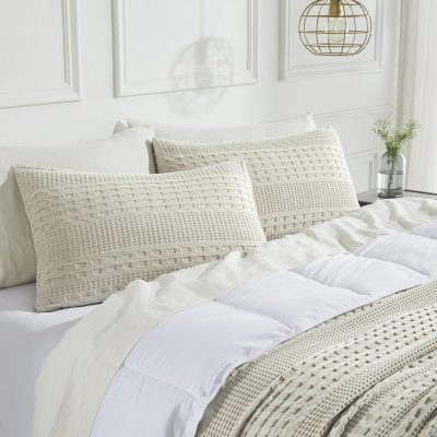 VHC Brands Waffle Weave Natural King Sham Set (2-Pack) - Farmhouse Boho 20x36 Decorative Pillow Covers
