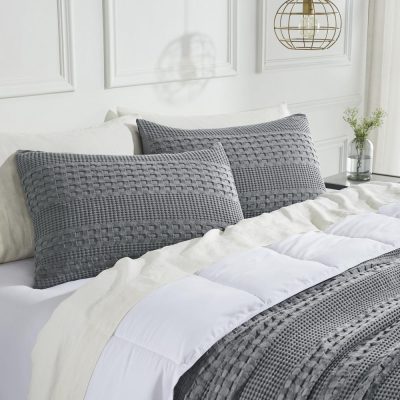 VHC Brands Waffle Weave Dark Gray King Shams (20x36, Set of 2) - Farmhouse Boho Decorative Pillow Covers for Bedroom Decor