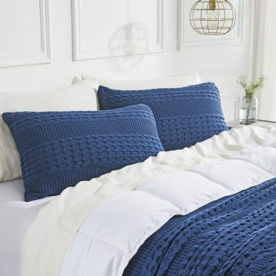 VHC Brands Waffle Weave Navy Blue Queen Sham Set, 20x30 - Farmhouse Boho Decorative Pillow Covers (2-Pack)