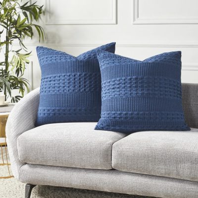 VHC Brands Waffle Weave Navy Blue 24x24 Pillow Cover Set (2-Pack) - Boho Farmhouse Decorative Throw Pillow Covers for Bed & Living Room