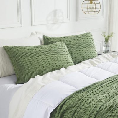 VHC Brands Waffle Weave Olive Green King Size Sham Set, 20x36 - Boho Farmhouse Decorative Pillow Covers (2-Pack)