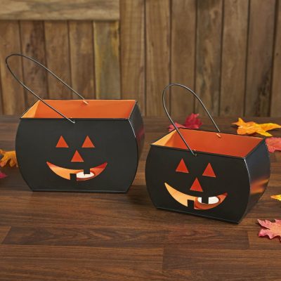 Black Halloween Trick or Treat Tealight Candle Holders Spooky Votive Lanterns Set of 2 for Fall Home Decor