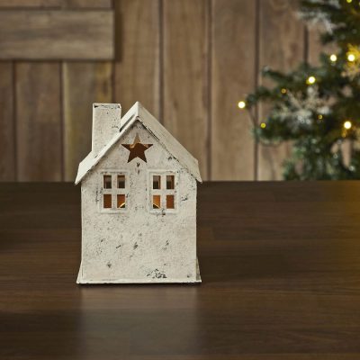 Tealight Holder Metal Village House D Antique Cream 6.75x4.75x4.5