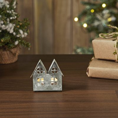 Tealight Holder Metal Village House E Antique Grey 2.75x2.75x2