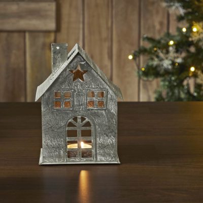 Tealight Holder Metal Village House H Antique Grey 7.25x5.5x4.75