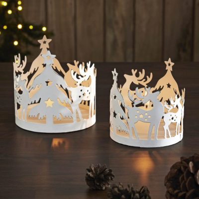 Winter Reindeer White Metal Candle Holder Set of 2 - 4.12/4.8 inch