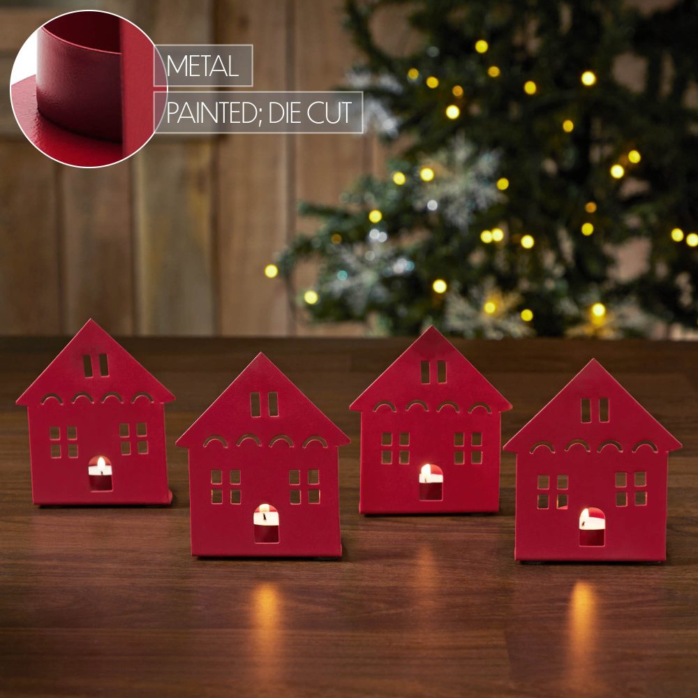 Tealight Holder House Barn Red Set of 4 4.5x3.75x2.25 - Image 6