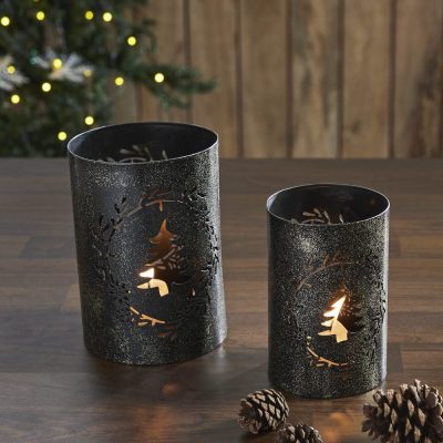 Gold Dusted Wreath and Tree Metal Candle Holder Set of 2 - 5.9/7 inch