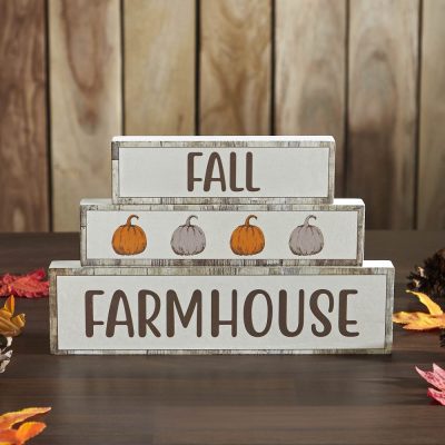 Fall Autumn Harvest Rustic Farmhouse Pumpkin Wood Block Signs Set of 3 Tabletop Decor