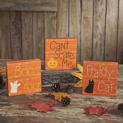 Halloween Fraidy Cat MDF Decorative Blocks Boo You Cant Scare Me Humorous Tabletop Shelf Sitter Set of 3