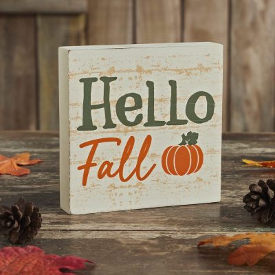 Hello Fall Pumpkin Autumn Harvest Farmhouse Rustic Cream MDF Tabletop Sign 5x5 Inch Decorative Plaque