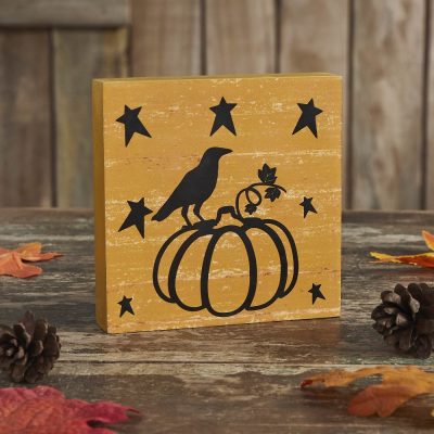 Prim Stars Primitive Halloween Pumpkin Raven MDF Sign 5x5 Mustard Fall Tabletop Home Decor