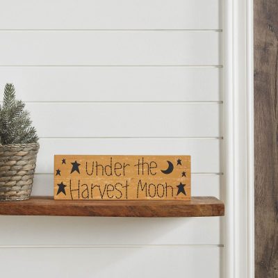 Under The Harvest Moon Primitive Star Farmhouse Wall Sign, Rustic Mustard MDF Plaque Decor, 4x12 Inch