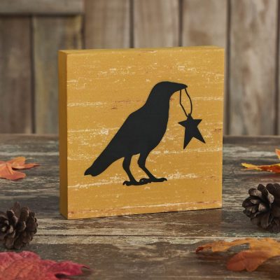 Prim Star Primitive Farmhouse Raven Crow Wall Decor Sign Mustard MDF 5x5 Inch