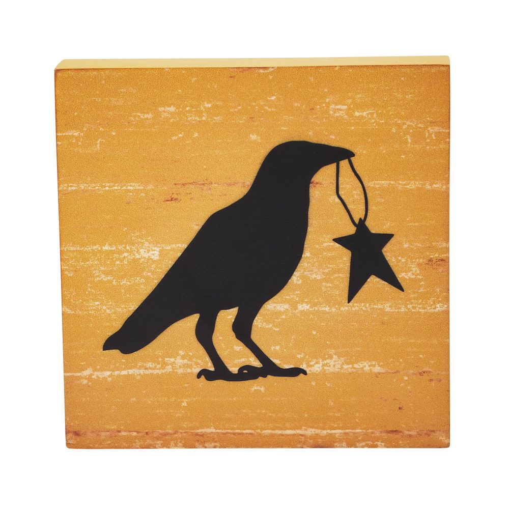 Prim Star Primitive Farmhouse Raven Crow Wall Decor Sign Mustard MDF 5x5 Inch - Image 2