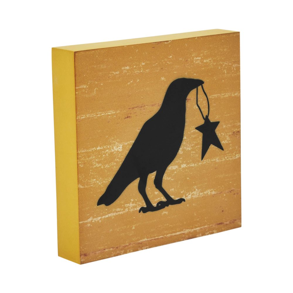 Prim Star Primitive Farmhouse Raven Crow Wall Decor Sign Mustard MDF 5x5 Inch - Image 4