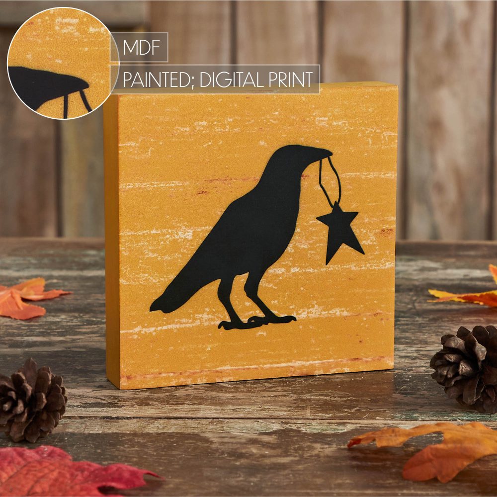 Prim Star Primitive Farmhouse Raven Crow Wall Decor Sign Mustard MDF 5x5 Inch - Image 6