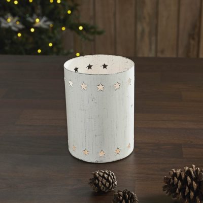 Star Border Distressed White Metal Candle Holder 6x4.25x4.25