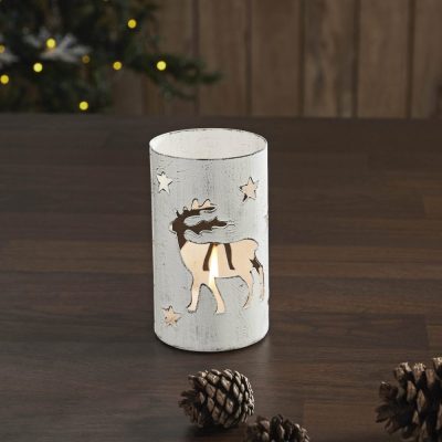 Winter Walk Distressed White Metal Candle Holder 4.25x2.75x2.75