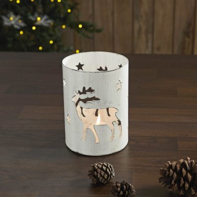 Winter Walk Distressed White Metal Candle Holder 6x4.25x4.25