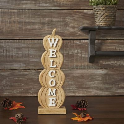 Pumpkin Stack Welcome Sign Fall Farmhouse Rustic Decor Tiered Harvest Wall Plaque 16.5 Inch