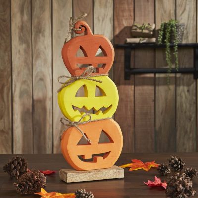 Halloween Jack O Lantern Stacked Wood Tabletop Decor, Rustic Fall Pumpkin Figurine 16.75in