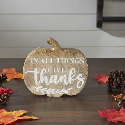 Fall Autumn Thanksgiving Rustic Wooden Pumpkin Tabletop Decor with In All Things Give Thanks Sentiment 5.75x6.5x1.25 Inch