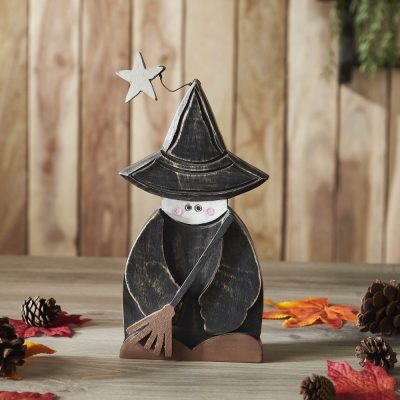 Halloween Rustic Wooden Witch Figurine with Broom Fall Tabletop Seasonal Decor 10x5.5x1.5