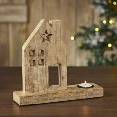 Tealight Holder Wooden Saltbox House w/ Star Natural 10.25x9x2.5